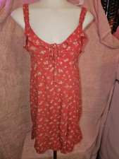 American Eagle Red Floral Mini Dress Smocked Back Front Tie Ruffle Straps S