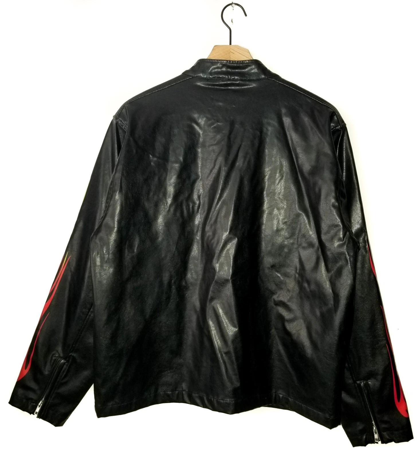 BC Ethic Faux Leather Jacket Vintage 90s Black Fire Flame Sleeves Mens LG - product detail image 6