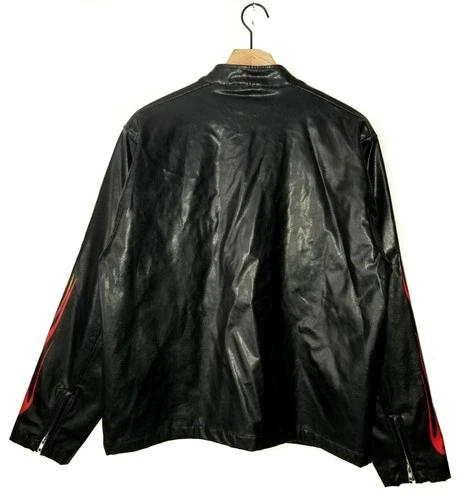 BC Ethic Faux Leather Jacket Vintage 90s Black Fire Flame Sleeves Mens LG image 6