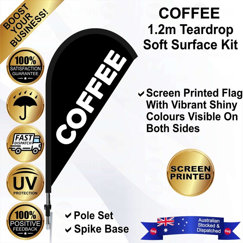 K - COFFEE Black 1.2m Teardrop Flag / Banner Kit with Pole Set and a Galvanised Steel Ground Spike - 1