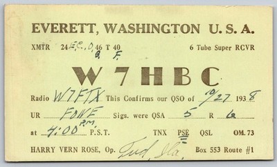 1938 Everett, WA W7HBC Amateur Radio QSL Postcard to Montana W7FTX D441