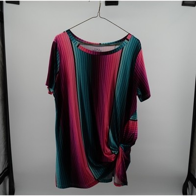 Crazy Train Womens Pink Teal Striped Side Knot Short Sleeve Top Size S
