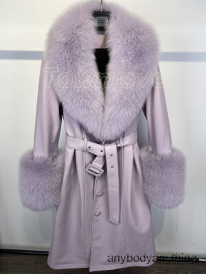 Women 100% Real Sheep Leather Trench Coat Real Fox Fur Collar