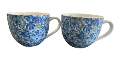 Lilly Pulitzer Ceramic Coffee Tea Cup Mug Set Blue White Tiger Lily Floral NIB