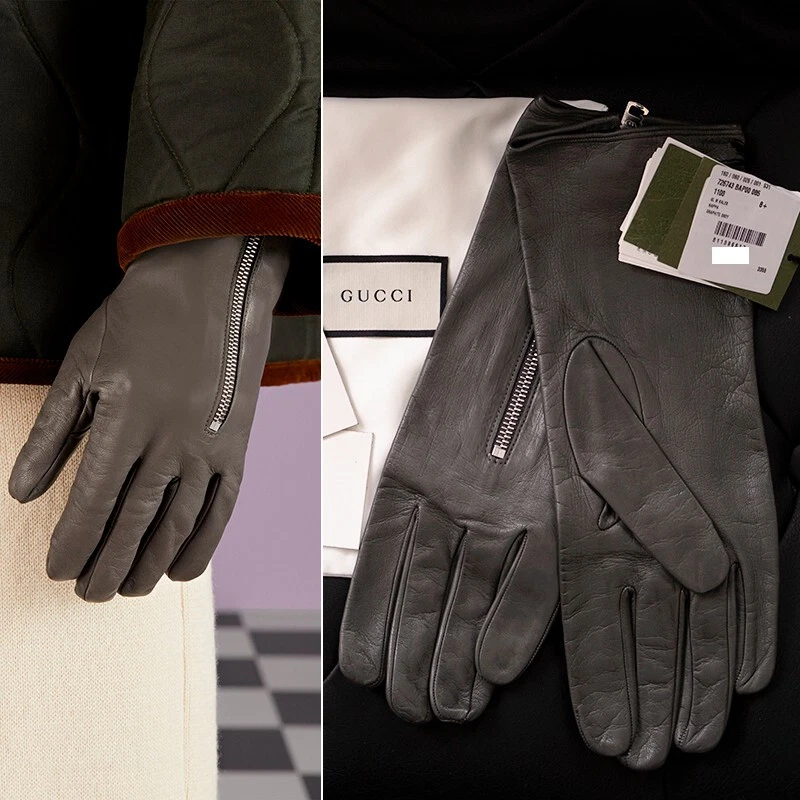 sz S NEW $875 GUCCI Men's Gray Nappa Leather GG LOGO ZIPPER CENTER Lined GLOVES
