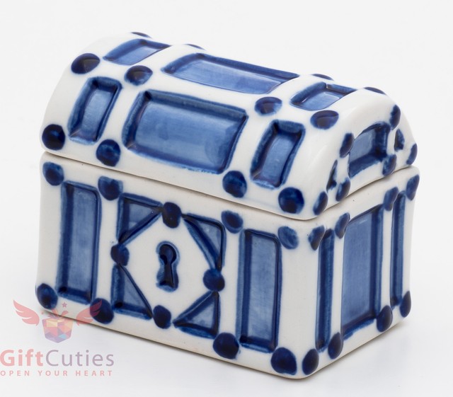Gzhel Porcelain treasure chest trinket Box handpainted blue handmade