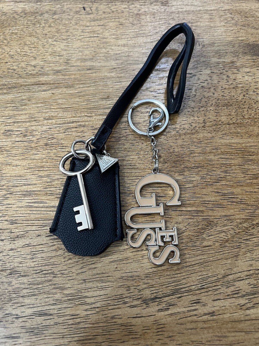 GUESS KEYCHAIN Bag Charm Hangtag Black Loop Strap Silver Tone 