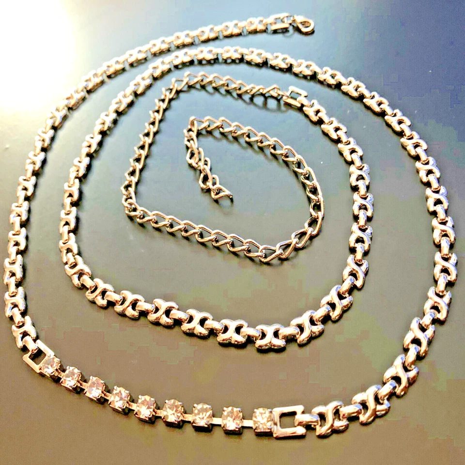 Cintura da donna catena in argento con strass fine leggera lunga 95 cm elegante - Immagine 2 di 4