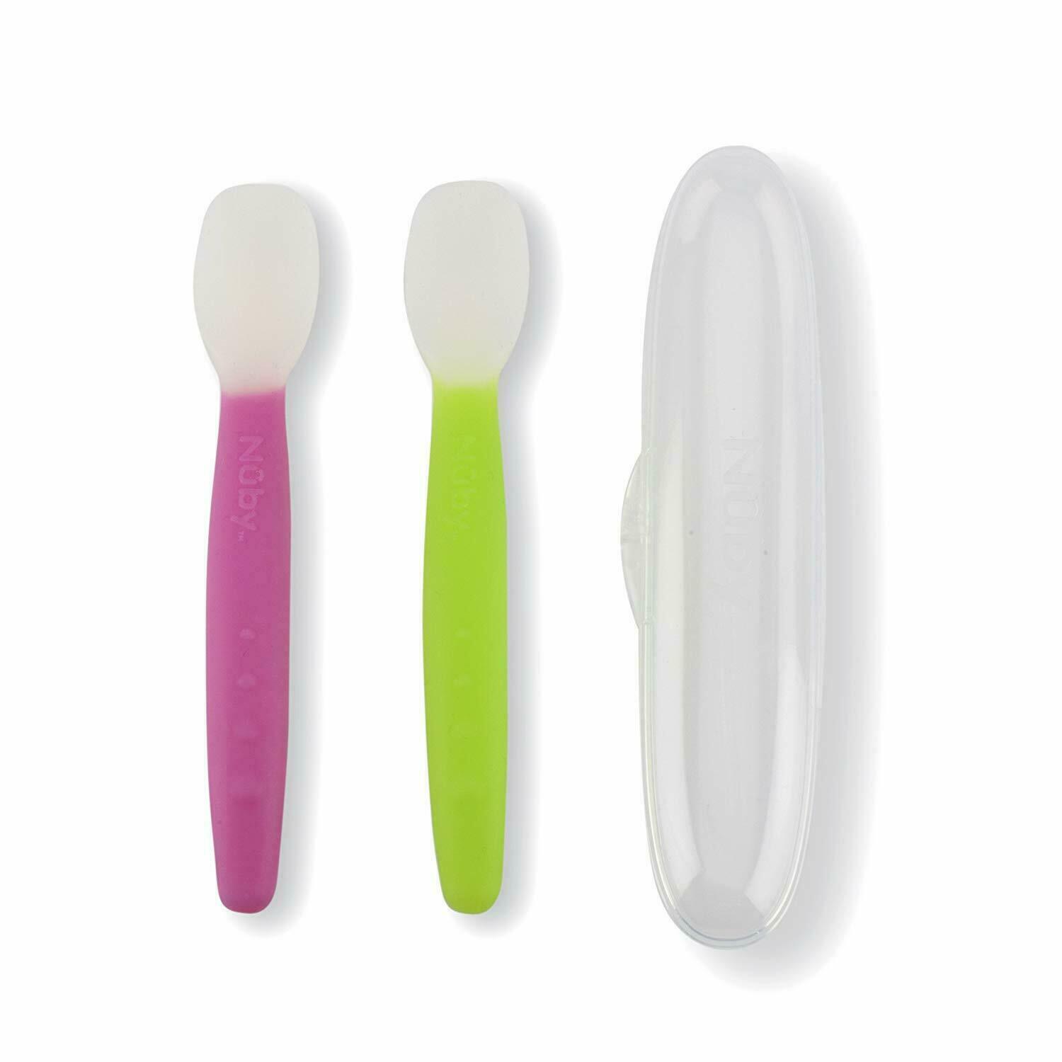 Sales for sale Nuby SoftFlex Silicone Spoon 2 Count Travel Case Spring new work and Pink G With