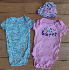 Lot Of 3 Baby Girl 0-3 Month "Petite  Sweet", Floral Onesies, Gerber Hat