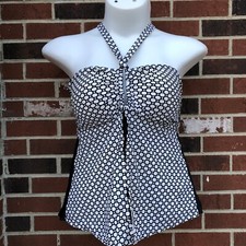 tropical escape tankini womans size 16 halter style tie neck black white circle