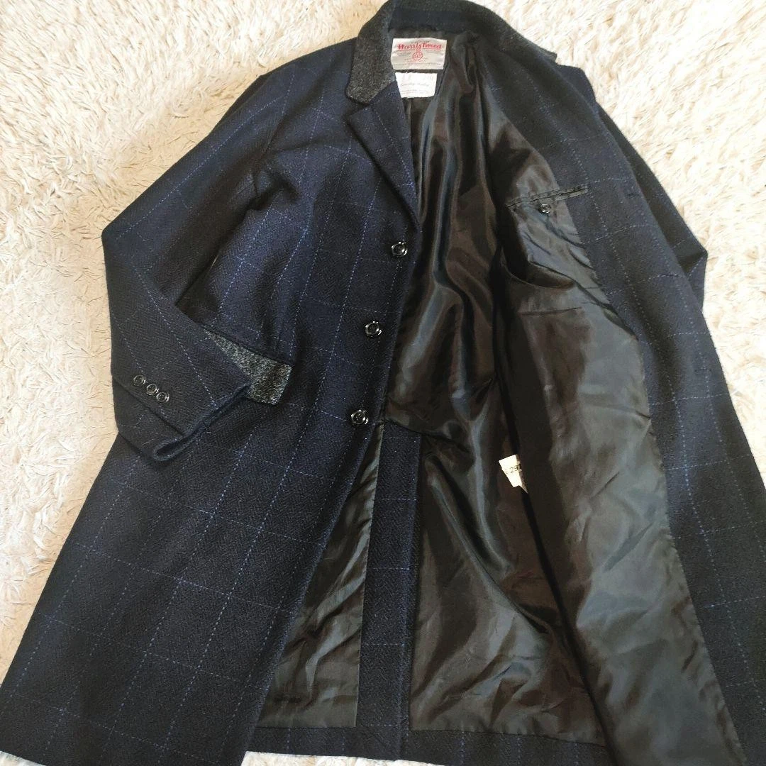 Harris Tweed Chesterfield Coat 100% Wool Navy Plaid Check Men's L Japan image 9