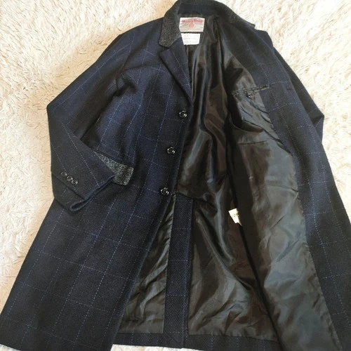 Harris Tweed Chesterfield Coat 100% Wool Navy Plaid Check Men's L Japan image 9