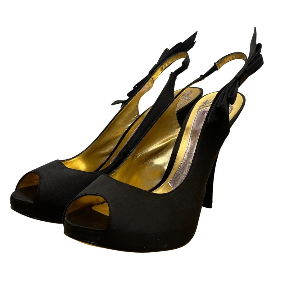 Hale Bob Womens Black Satin Bow Detail Slingback Peep-Toe Heels Size 8.5M - Image 3 of 4