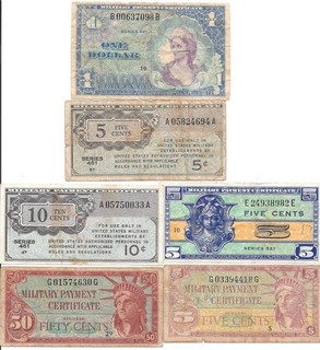 USA MILITARY PAYMENT CERTIFICATES LOT OF 6 ALL DIFFERENT