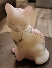 Beautiful Fenton White Satin Rose Garden Sitting Cat Hand Painted Floral