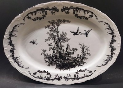 Aux Au Provence AUV2 Oval Serving Platter Black White Toile Rooster Pattern