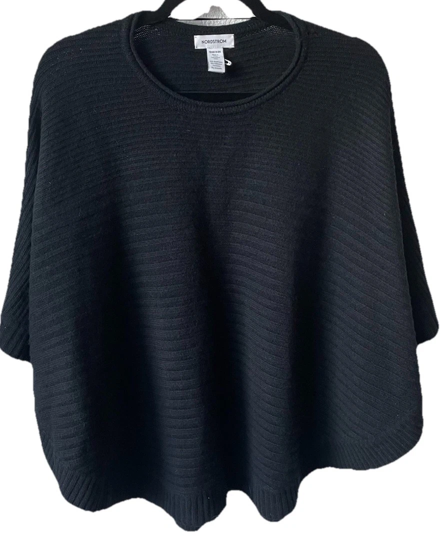 NEW, NordstromWool & Cashmere Ribbed Poncho in Black One Size