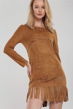 Neslay Boho Faux Suede Fringe Studded Western Dress - Size M NWT