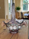 Vintage Fenton Purple Glass Painted Flowers Signed Basket CRACKED 7.5” High