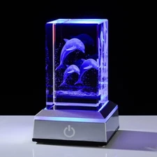 3D Engraved Dolphin Crystal Cube with LED Colorful Lighting Touch Base Gift Item