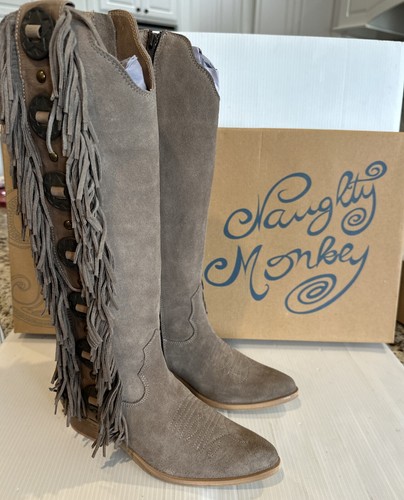 NIB NAUGHTY MONKEY RODEO DOLL TAUPE COWGIRL BOOTS Taupe Fringe TRIM 6.5 M - Picture 2 of 14