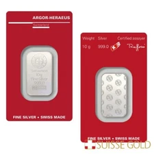 Silver 10 Gram Argor Heraeus Bar 10 Gram Fine Silver Bar Sealed