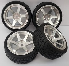 1/10 RC Car on road/rally/touring Alloy Wheels & Tyres x4 block tread silver