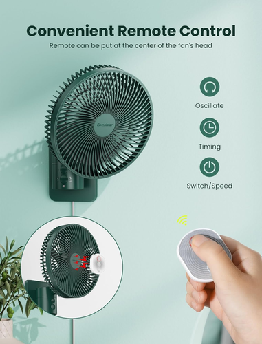 Oscillating Wall Mount Small Fan with Remote Control and Timer, 8.5Inch, 4 Speed - Picture 3 of 8