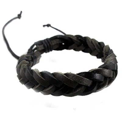 BRACELET tresse CUIR tressé plate plate basique noir noire homme femme réglable - Photo 1/4