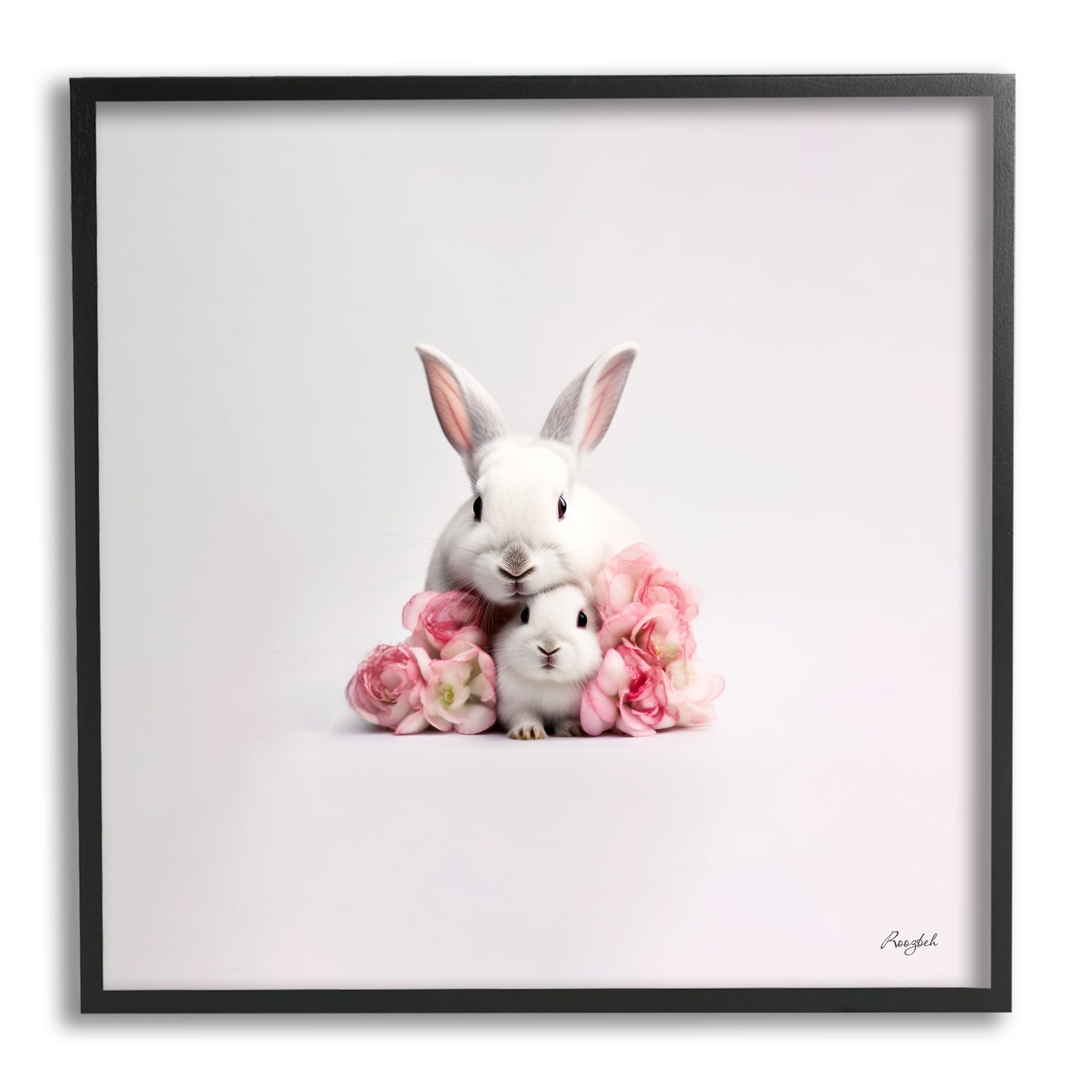 Bunnies with Pink Peonies Framed Giclee Art by Roozbeh