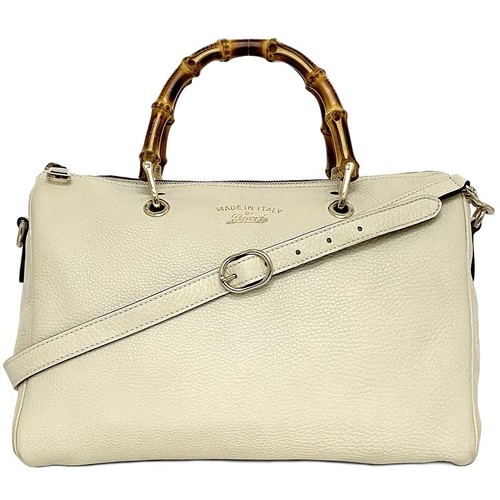 Gucci 353124 Boston Bag White Leather Bamboo 2Way Shoulder Handbag
