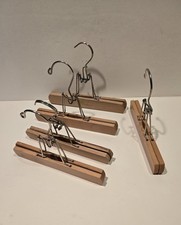 5 Vintage Wood Hangers Pants Skirt Metal Clamp 9" READ