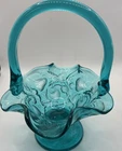 Fenton Art Glass Basket Teal Blue Ruffled Basket Footed Strawberry Pattern