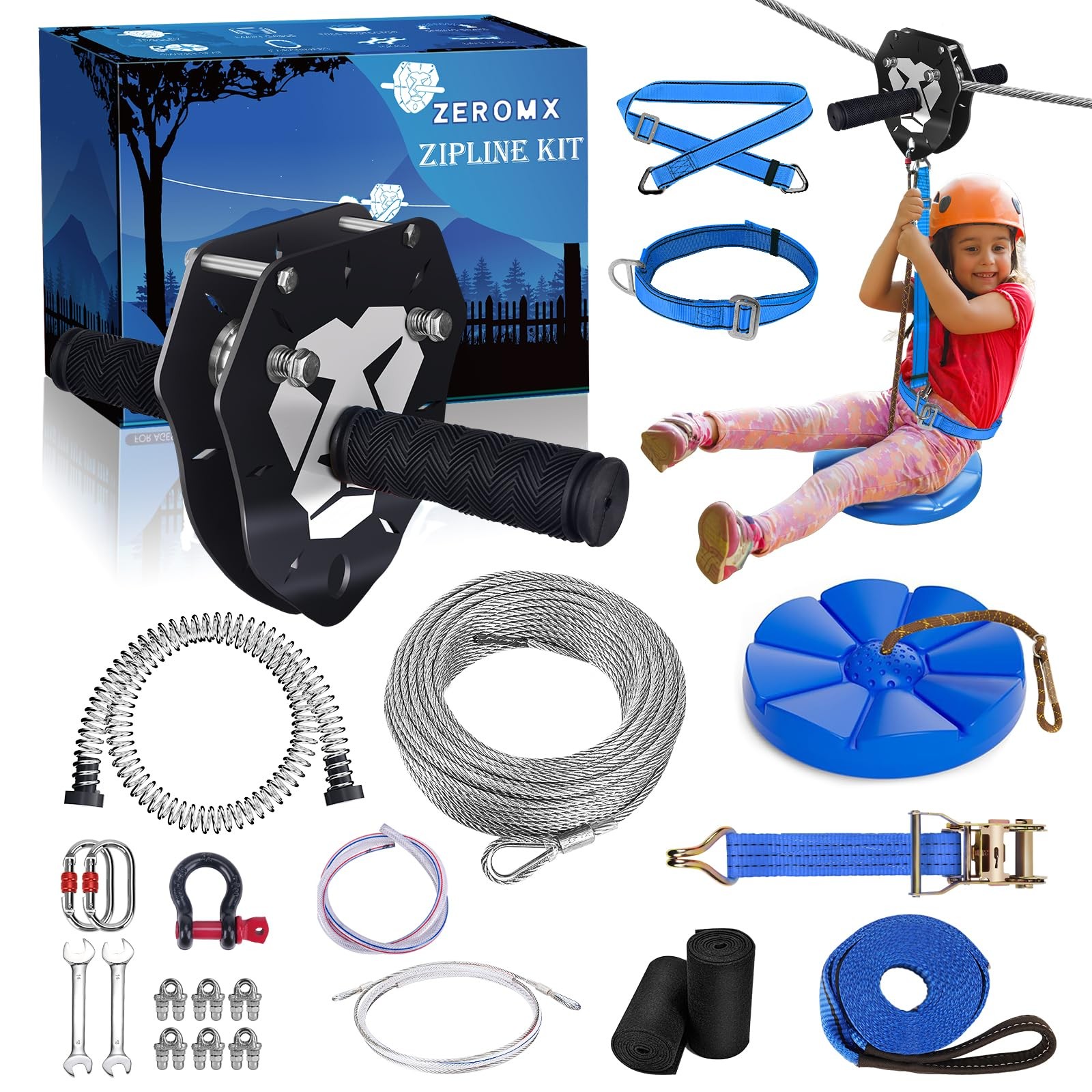 Zip Line Kit 120ft 150ft for Kids Adults Up to 380lb – Removable Lion Trolley...