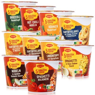 Maggi 5 Minuten Terrine Fertigmahlzeit Snack Kartoffelbrei Spaghetti Nudeln