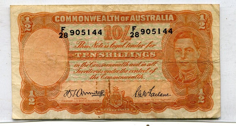 AUSTRALIA 10 SHILLINGS VF BLACK SIGNATURES NR 18.75