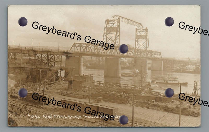 RPPC Railroad Train Yard New Steel Lift Bridge TACOMA WA Real Photo Postcard