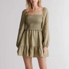 Quince European Linen Smocked Mini Dress Large Olive Green Bohemian Cottagecore