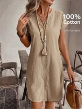 Emery Rose Classic Crinkle Button-Up Front Midi Dress in Beige- Medium