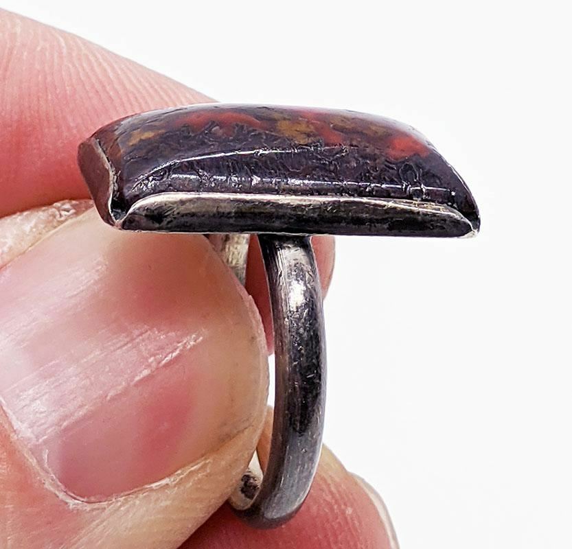 Silver Tone Rectangular Marbled Stone Ring - Reds… - image 2