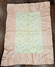 Vintage Crib Comforter 42" X 32" Hand Quilted in Pink Satin with Print Center