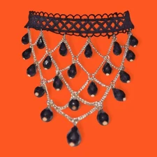 BLACK & GOLD FISHNET BIB CHOKER lace chain beaded gothic necklace new N3