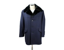Heavy Winter Coat L Vintage 70s Blue Wool Black Faux Fur Collar Lining Overcoat