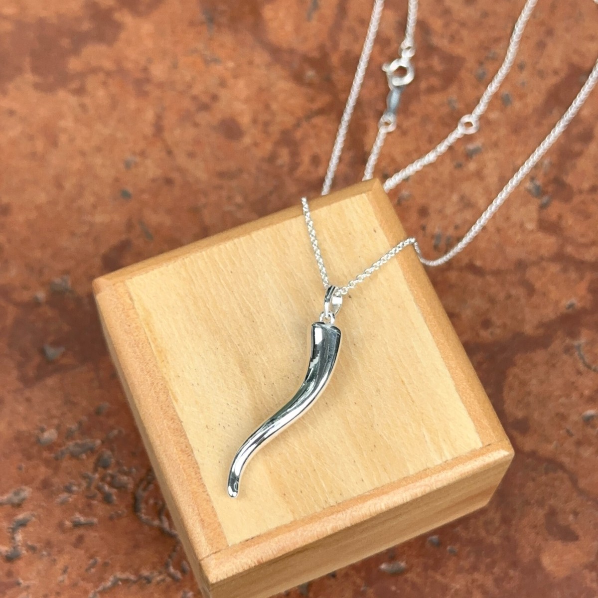 Sterling Silver Corno Italian Horn Pendant Necklace 36mm Unisex 