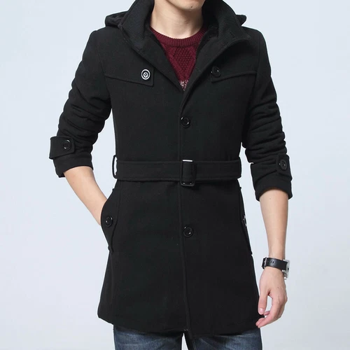 Winter Mens Thicken Wool Blend Peacoat Jacket Hooded Mid Long Trench Coat Parka - Picture 9 of 15