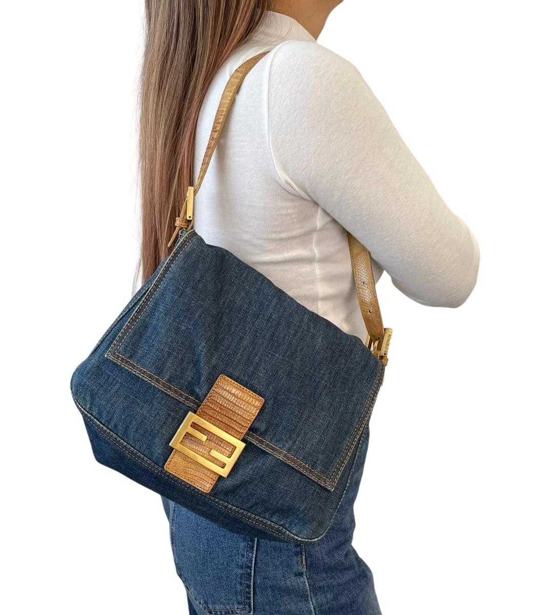 FENDI Vintage FF Logo Denim Mamma Baguette Shoulder Bag Blue Gold Rank AB
