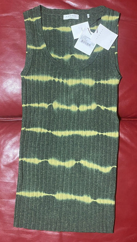 $190 Sandro Honore Tie Dye Stripe Ribbed Knit Long Tank Top | Green | EU 1 US S
