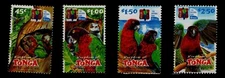 TONGA, SCOTT # 1078-1081, SET OF 4 RED SHINING PARROTS, EUA NATIONAL PARK, MNH