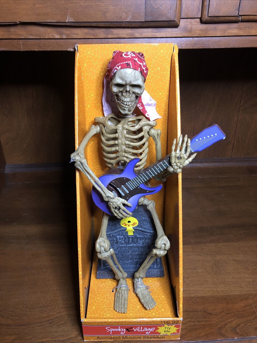Spooky Village Halloween Animated Punk Skeleton Guitar